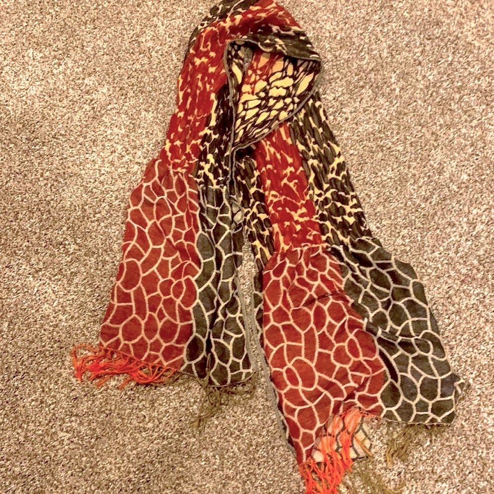 Animal Print (Giraffe) Scarf-Multi Colored Fringe Black Tan Rust Wearable Art